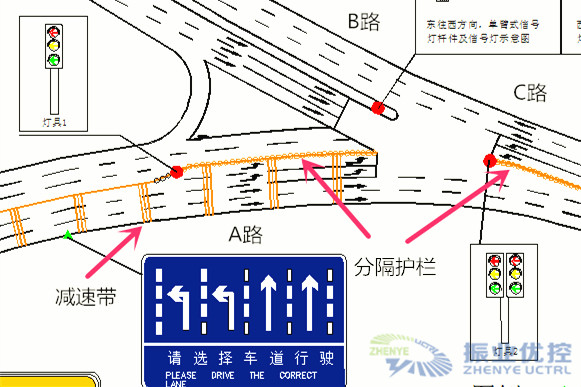 圖3 A路進口左轉車道停止線起增設分隔護欄
