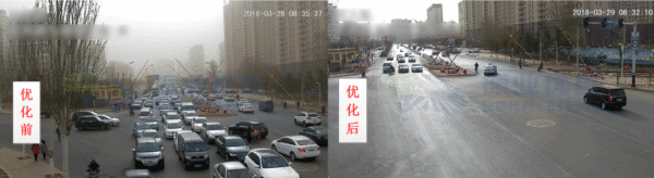 圖16 濱河路-緯三橋東進口優(yōu)化前后路口情況