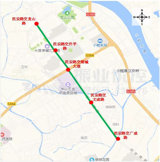 圖1 民安路路段五個路口分布圖