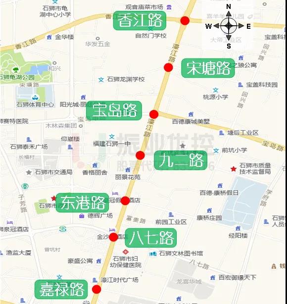 圖1 濠江路協(xié)調路段各路口地理位置圖（平峰時段）(單位：s)